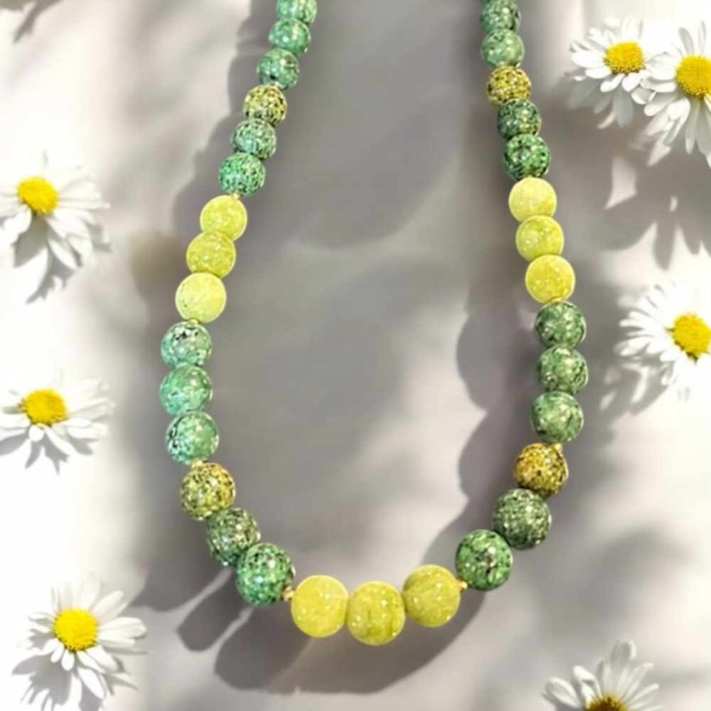 Green Yellow Jasper Beaded Necklace Earthy Gemstone Statement Jewelry Gold